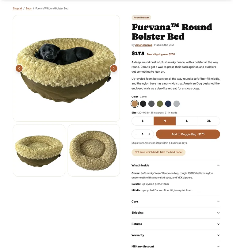 Snoring Beagle product page for the Round Bolster Bed, with the photo gallery, color swatches, size buttons, an add to bag button and panels for what's inside, care, shipping, returns, warranty and military discount