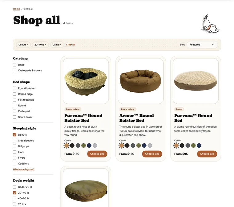 Snoring Beagle Shop All page filtered by Donuts, 20 to 40 lb and Camel, with the filters down the side and the matching beds in a grid